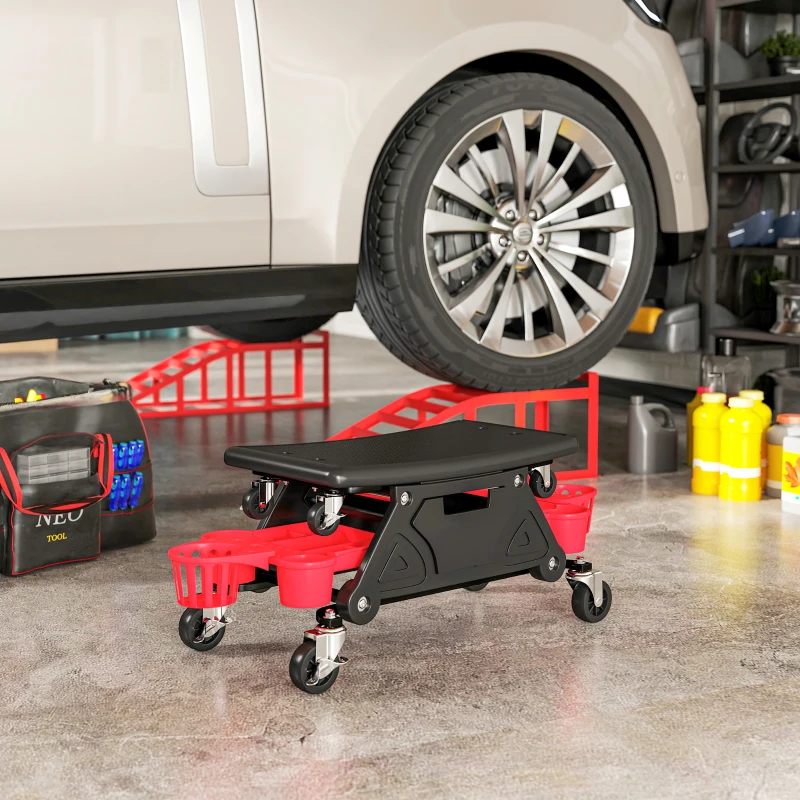 HOMCOM Rolling Garage Stool with Wheels, 300 LBS Capacity Padded Mechanic Stool with Tool Trays Storage, Black