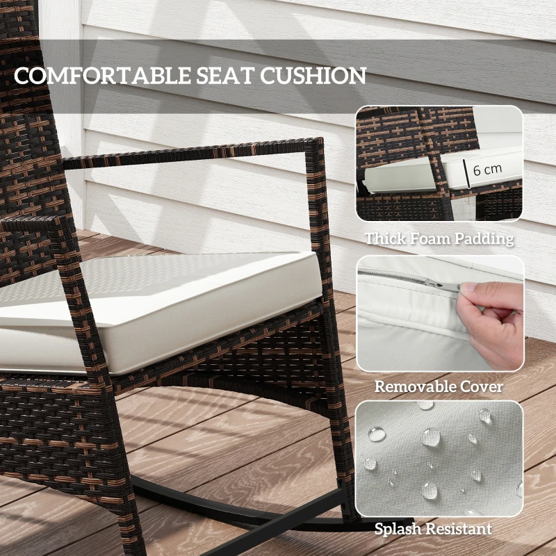 Outsunny 3 Piece Rocking Bistro Set, Wicker Patio Furniture with 3-Level Reclining High Back Rocking Chair and Glass Table, White