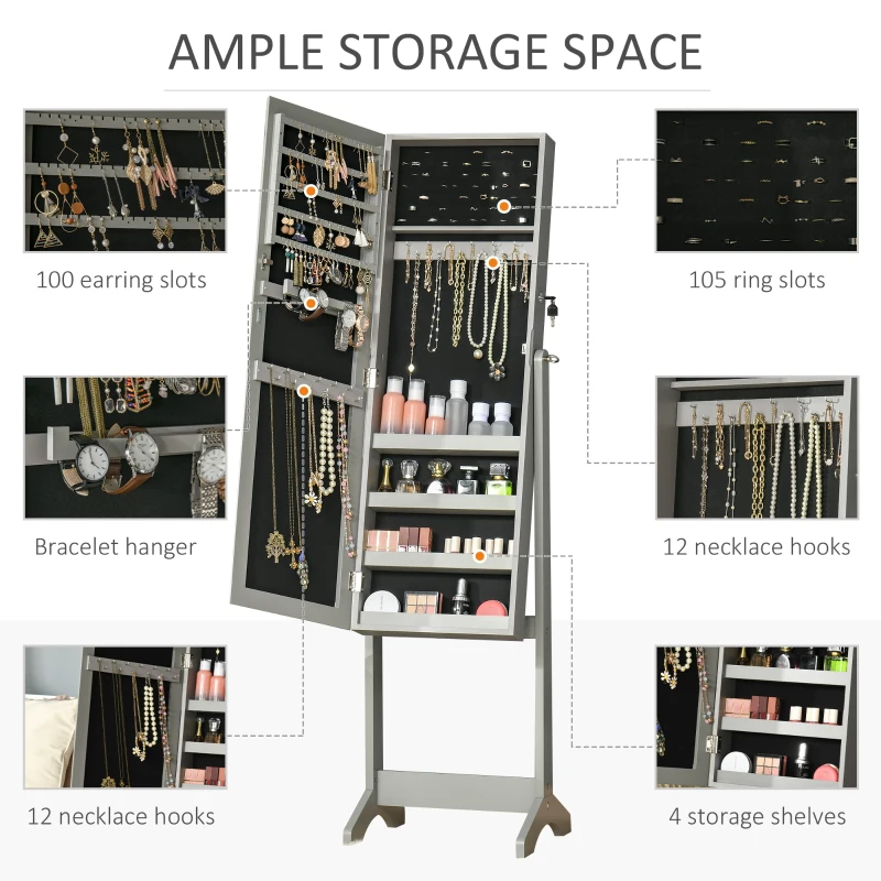 HOMCOM Mirror Jewelry Cabinet Armoire, Lockable Jewelry Organizer with Full-Length Mirror, 3 Angle Adjustable, Grey