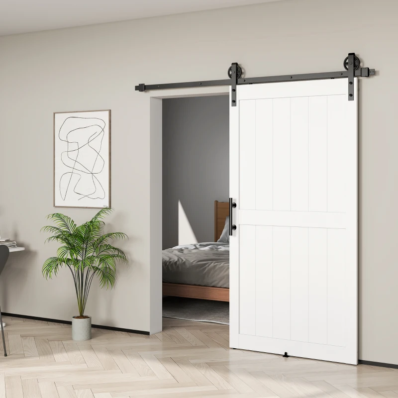 HOMCOM 42inx84in Barn Door with 7FT Sliding Door Hardware Kit, Handle, Upgraded Rollers and Floor Guide, Waterproof, White