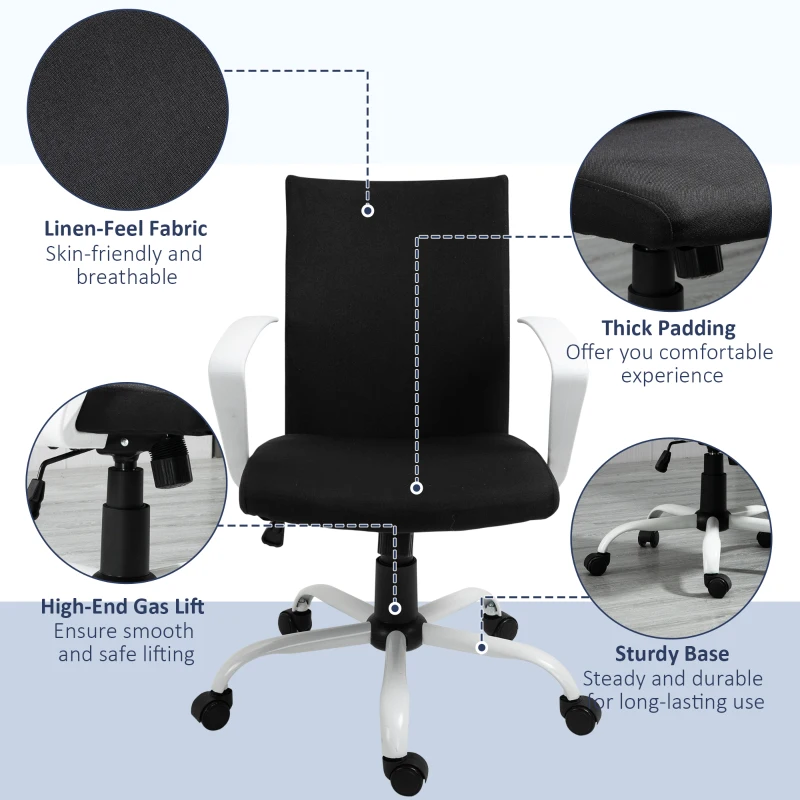 Vinsetto Linen Mid Back Office Chair With Tilt Function, Swivel Computer Chair, Black