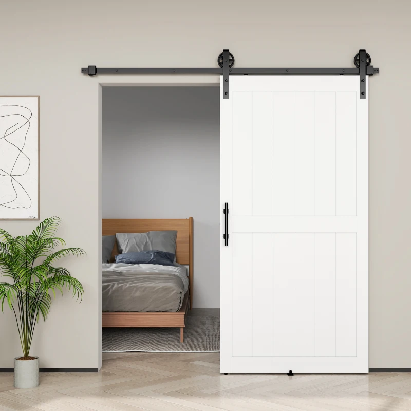 HOMCOM 42inx84in Barn Door with 7FT Sliding Door Hardware Kit, Handle, Upgraded Rollers and Floor Guide, Waterproof, White