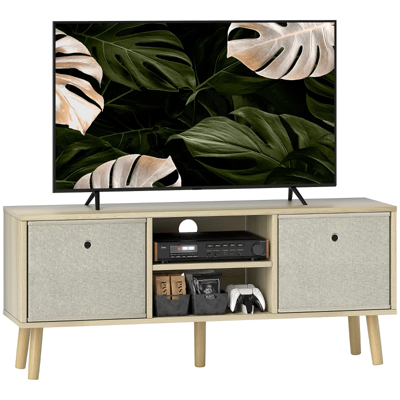 HOMCOM Modern TV Stand Cabinet with Foldable Drawers and Shelves for Living Room, Bedroom, Natural