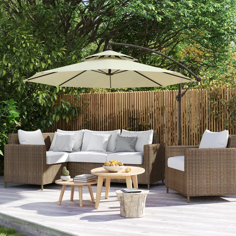 Outsunny 9' 2-Tier Cantilever Umbrella with Crank Handle, Cross Base and 8 Ribs, Garden Patio Offset Umbrella for Backyard, Poolside, and Lawn, Beige