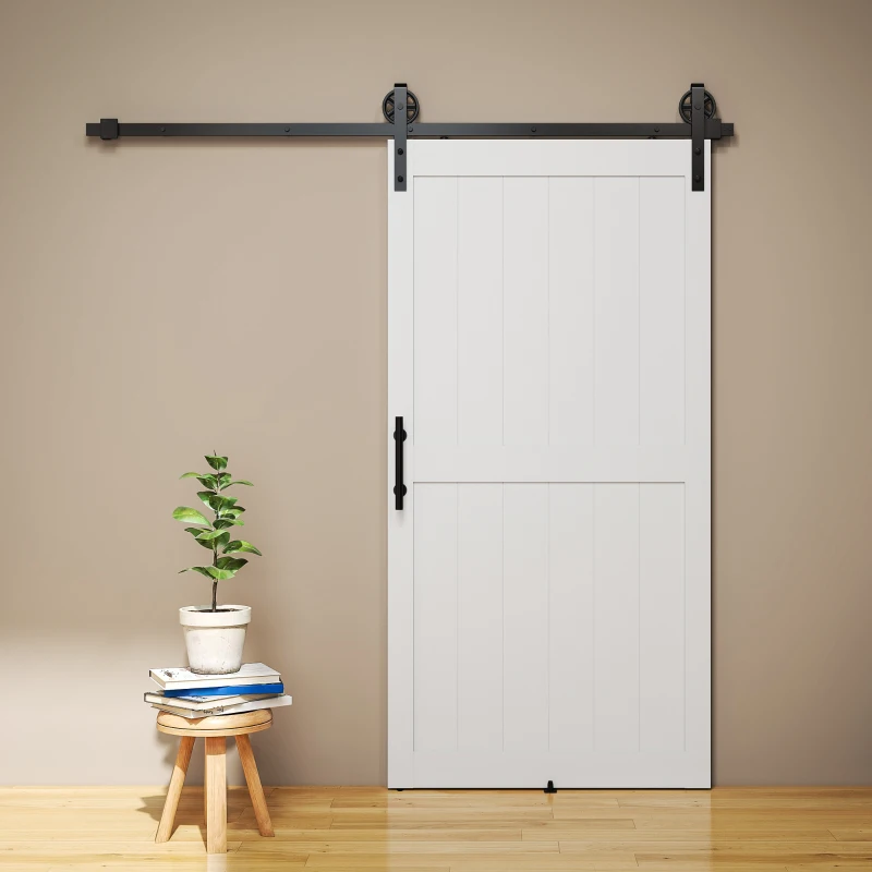 HOMCOM 42inx84in Barn Door with 7FT Sliding Door Hardware Kit, Handle, Upgraded Rollers and Floor Guide, Waterproof, White