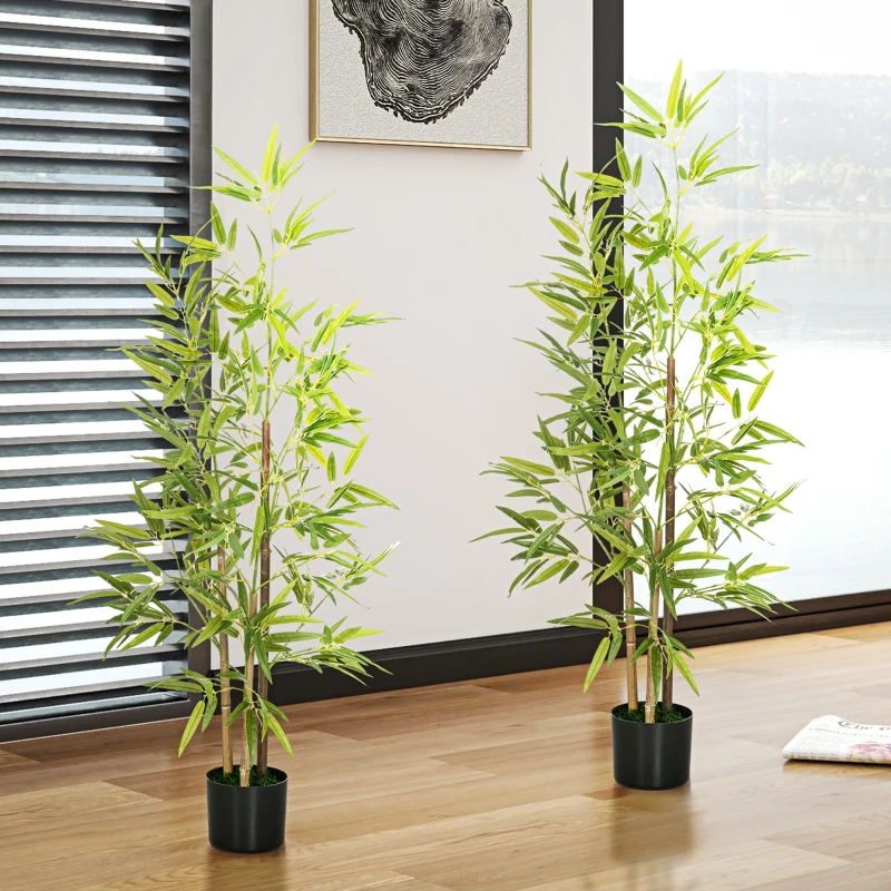 HOMCOM Set of 2 4ft Artificial Tree, Indoor Fake Bamboo with Pot, for Home Office Living Room Decor