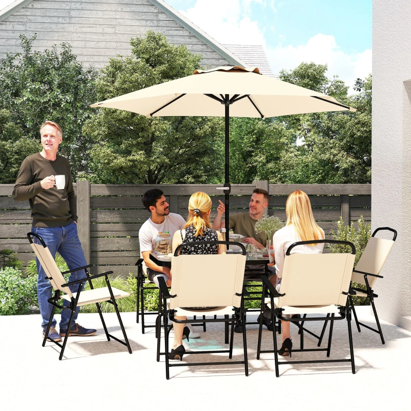 Outsunny 8 PCS Folding Patio Dining Set, Outdoor Bistro Set for 6, 47" Rectangle Table with 6 Folding Chairs, 7' Patio Umbrella with Crank, Outdoor Table Chair Set, Beige