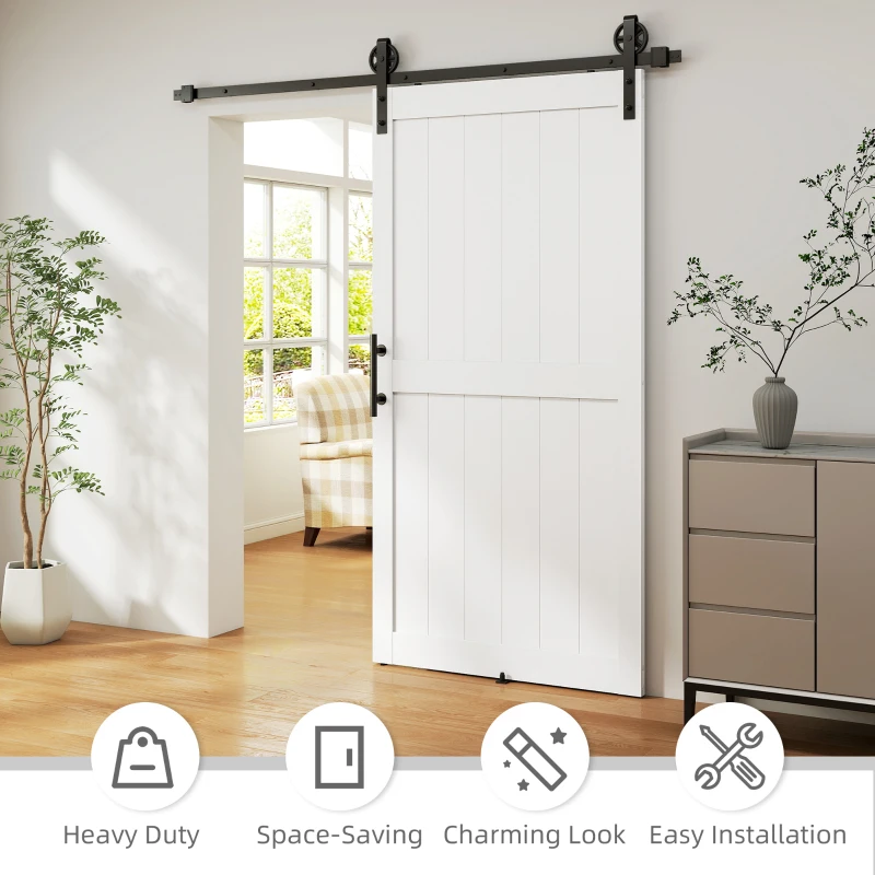 HOMCOM 42inx84in Barn Door with 7FT Sliding Door Hardware Kit, Handle, Upgraded Rollers and Floor Guide, Waterproof, White