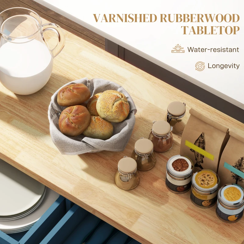 HOMCOM Kitchen Island with Storage, Rolling Trolley Cart with Rubber Wood Top, Spice Rack, Towel Rack, Blue