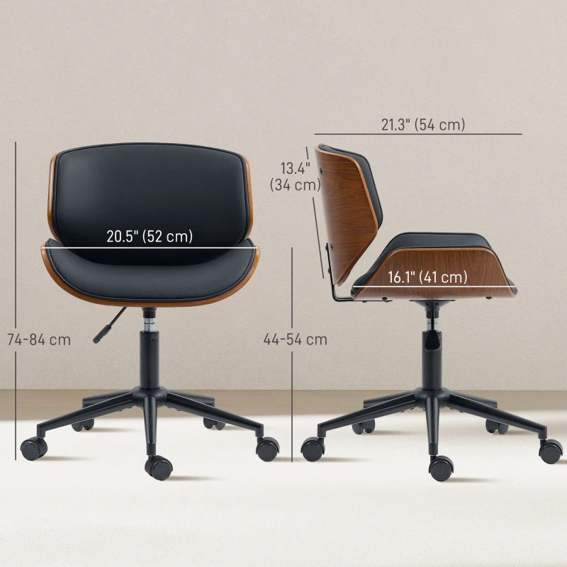 HOMCOM Mid-Century Modern Office Chair No Arms with Wheels, Small Computer Desk Chair with PU Leather Upholstery, Bentwood