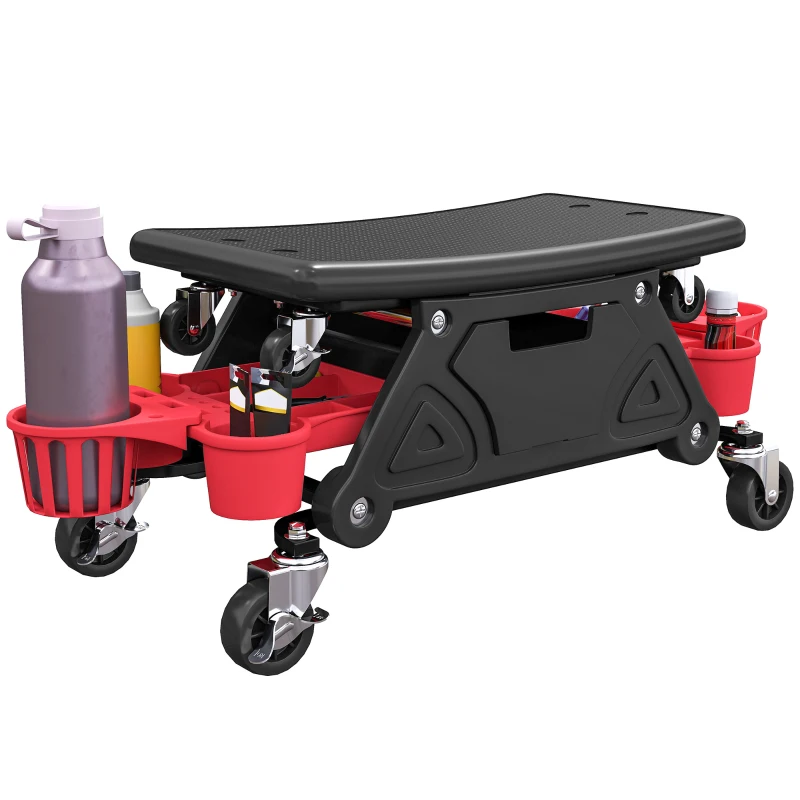 HOMCOM Rolling Garage Stool with Wheels, 300 LBS Capacity Padded Mechanic Stool with Tool Trays Storage, Black