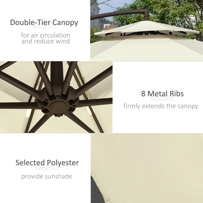 Outsunny 9' 2-Tier Cantilever Umbrella with Crank Handle, Cross Base and 8 Ribs, Garden Patio Offset Umbrella for Backyard, Poolside, and Lawn, Beige
