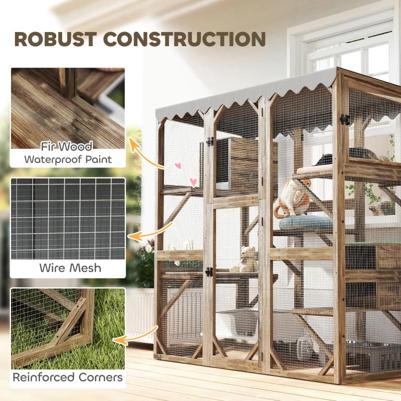 PawHut Outdoor Cat Enclosure with Window Access, 5 Platforms and 2 Resting Boxes, Waterproof Roof for Multiple Cats, Brown