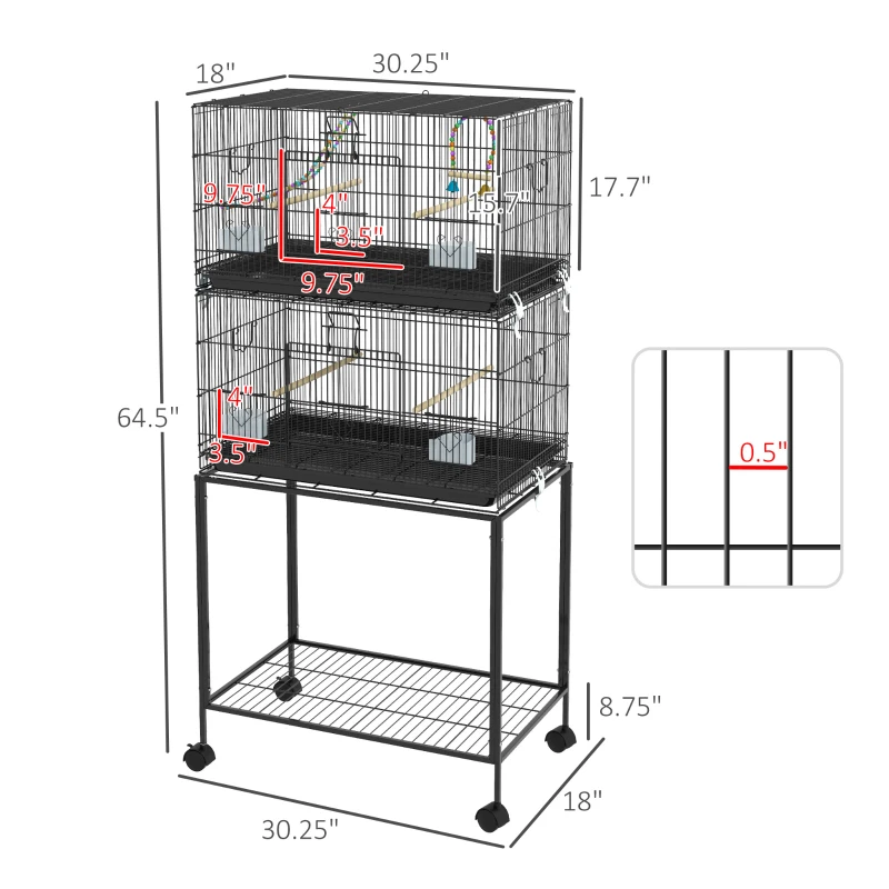 PawHut Double Stackable Bird Cage on Wheels w/ Stand, for Canaries