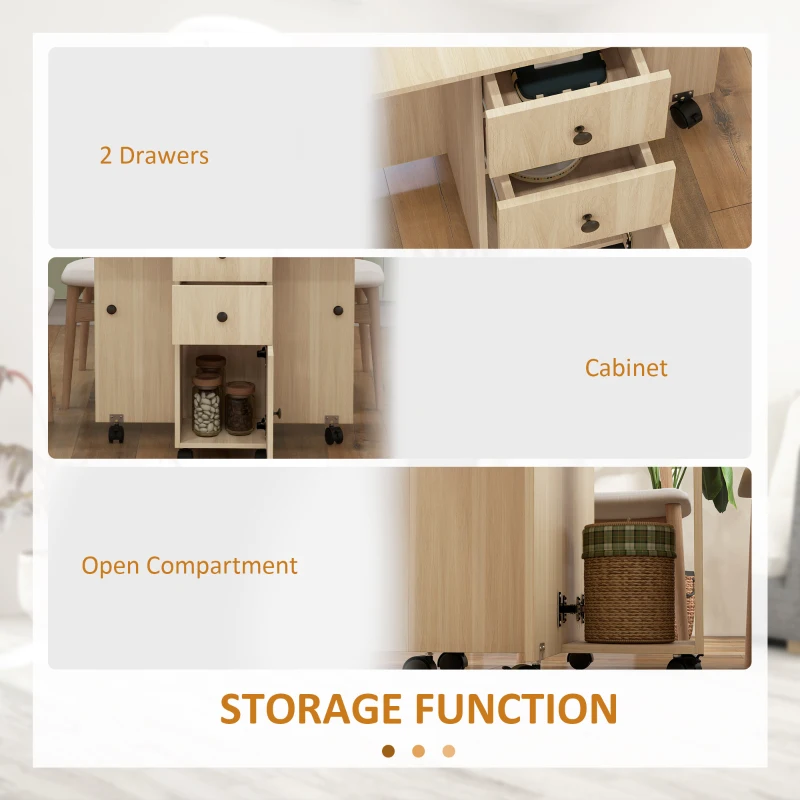 HOMCOM Drop Leaf Dining Table, Mobile Folding Table on Wheels with Drawers and Cabinet for Dining Room, Kitchen, Natural Wood