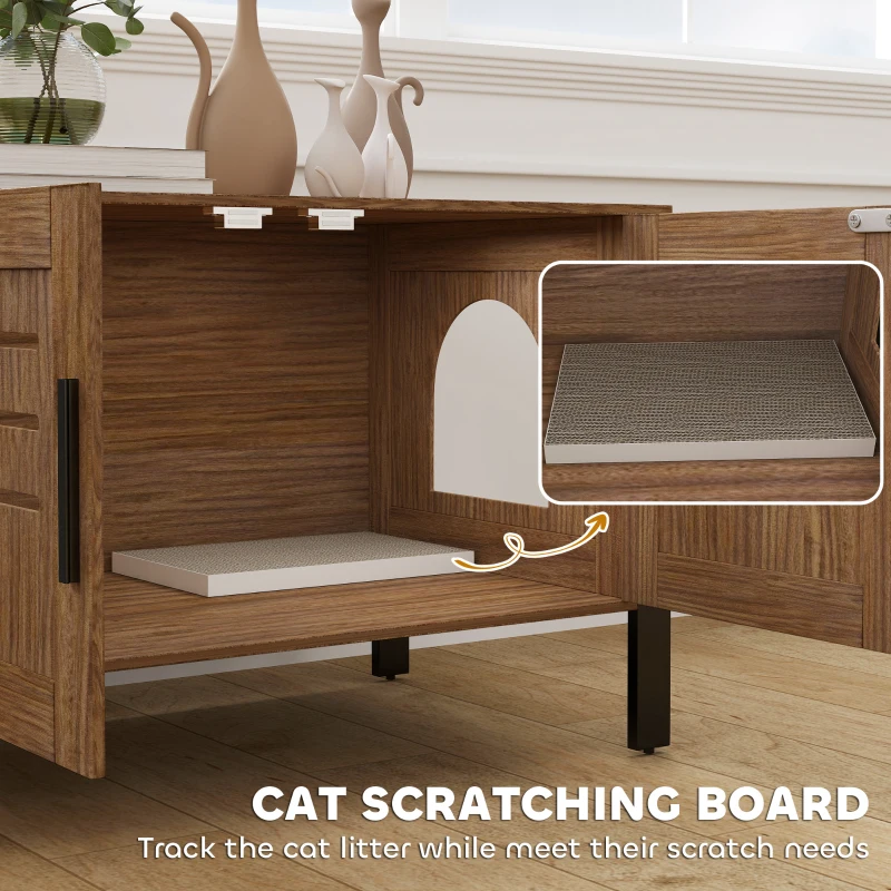 PawHut Cat Litter Box Enclosure with Tall Legs, Scratching Board, Dark Brown, 31.5"L x 17.7"W x 19.7"H