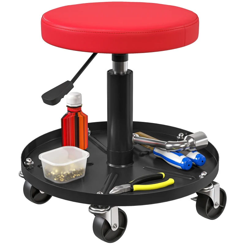 HOMCOM Rolling Garage Stool, 300 LBS Capacity Padded Mechanic Stool with 2.5" Wheels, Adjustable Height 15" -19.7", Red