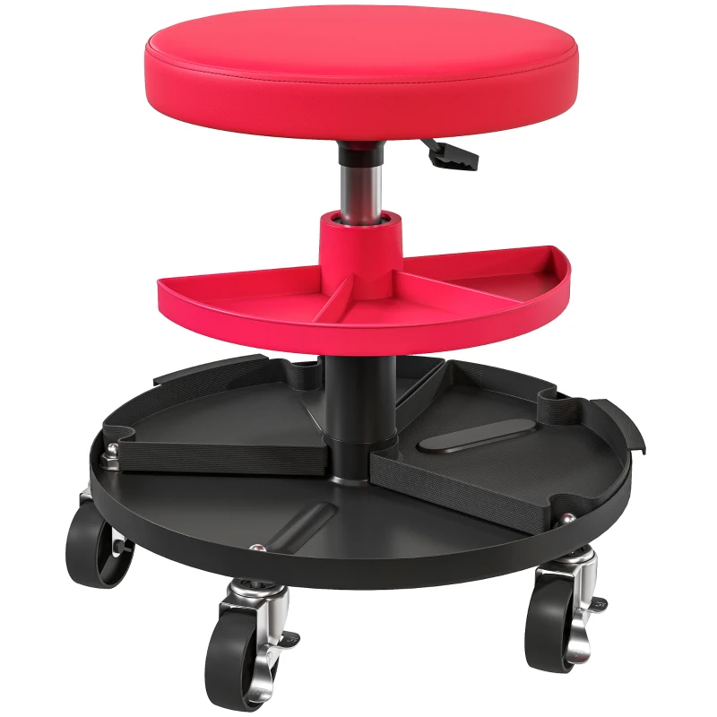 HOMCOM Rolling Garage Stool, 300 LBS Capacity Mechanic Stool with 2.5" Wheels, Tool Trays Storage, Adjustable Height, Red