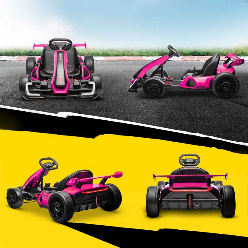 Aosom 24V Electric Go Kart, Battery Powered Kids Drift Kart with Adjustable Seat, Seat Belt, Horn, Music, Light, Pink