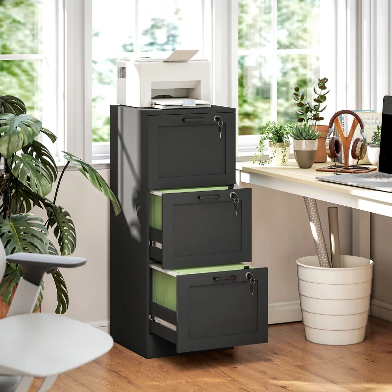 HOMCOM Vertical Filing Cabinet with 3 Drawers, Lock, File Cabinet for Home Office, A4 and Letter Size Files, Black