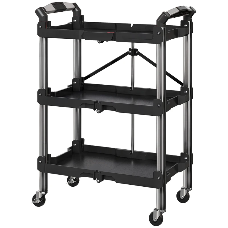 HOMCOM 3-Tier Collapsible Tool Cart with Wheels, 150 LBS Capacity Folding Utility Cart with Handles for Garage Workshop, Black