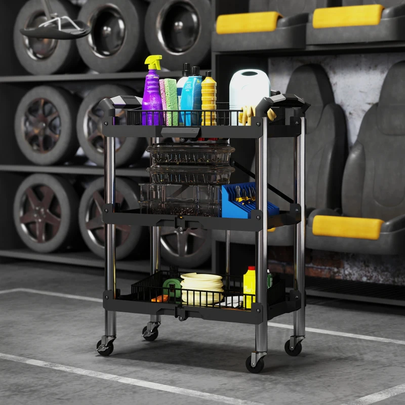 HOMCOM 3-Tier Collapsible Tool Cart with Wheels, 150 LBS Capacity Folding Utility Cart with Handles for Garage Workshop, Black