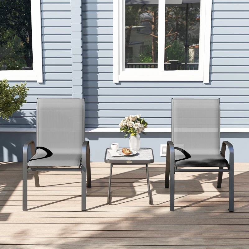 Outsunny Outdoor Bistro Set of 3, 3-Piece Patio Set with Breathable Mesh Fabric, Stackable Chairs and Square Table, Light Grey