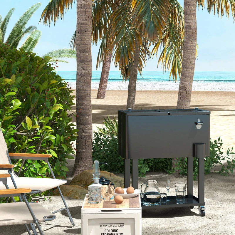 Outsunny 60 Quart Rolling Outdoor Cooler, Portable Rolling Patio Cooler Cart with Locking Wheels, Storage Shelf, Black