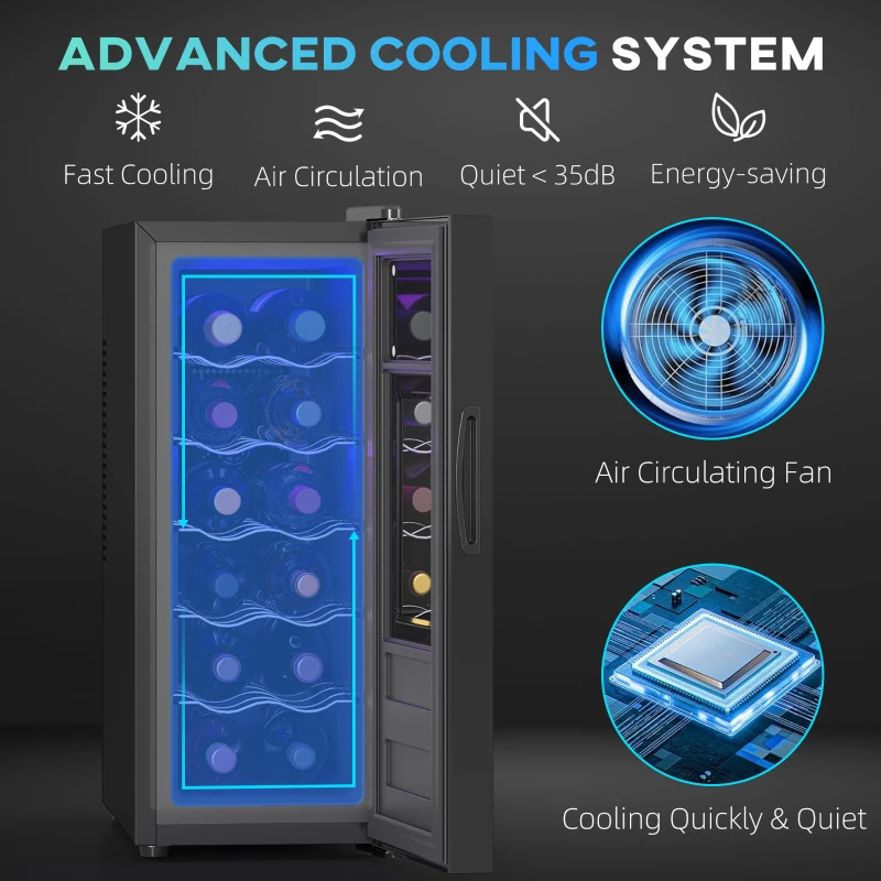 HOMCOM Wine Fridge, 12 Bottle, Under Counter Drinks Beer Wine Cooler with Glass Door, LED Light, Temperature Control