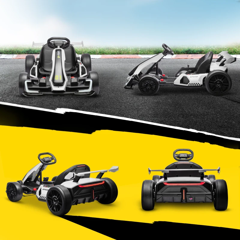 Aosom 24V Electric Go Kart, Battery Powered Kids Drift Kart with Adjustable Seat, Seat Belt, Horn, Music, Light, White
