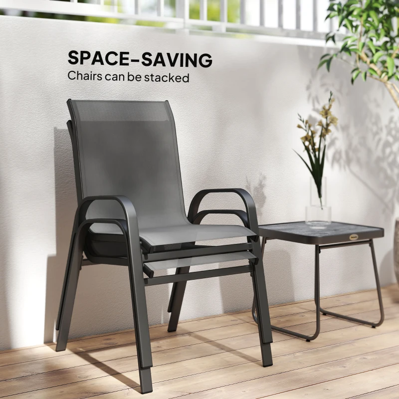 Outsunny Outdoor Bistro Set of 3, 3-Piece Patio Set with Breathable Mesh Fabric, Stackable Chairs and Square Table, Light Grey