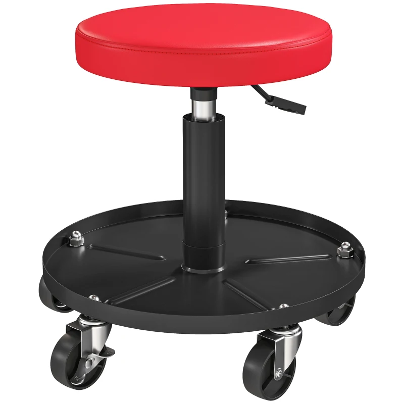 HOMCOM Rolling Garage Stool, 300 LBS Capacity Padded Mechanic Stool with 2.5" Wheels, Adjustable Height 15" -19.7", Red