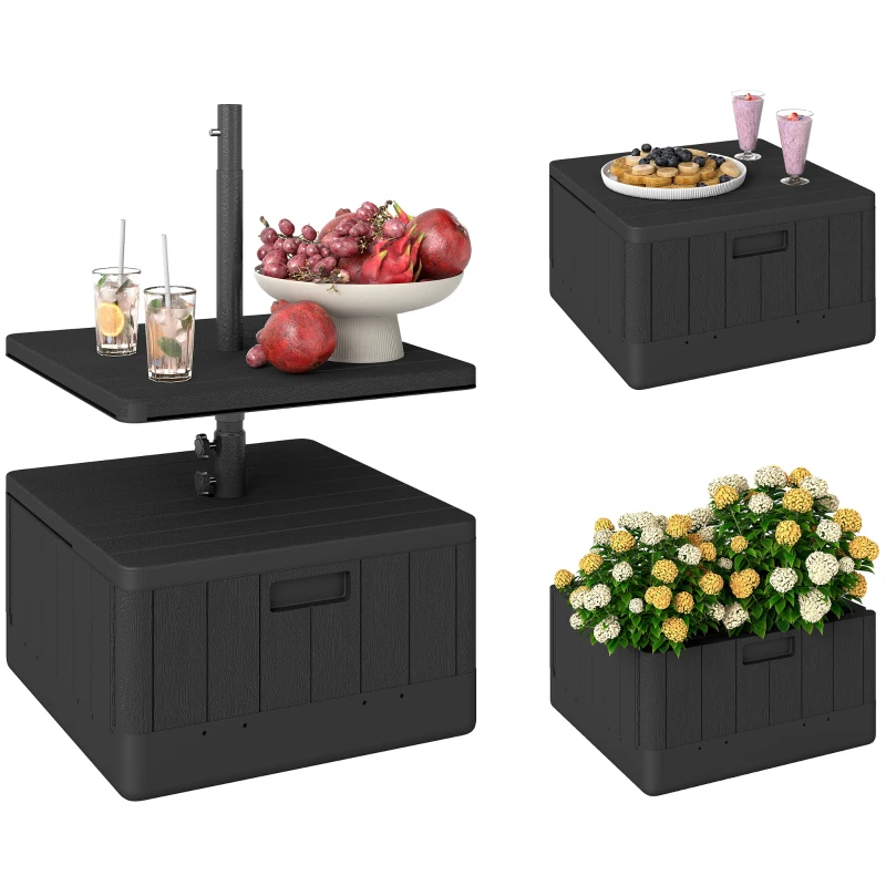Outsunny 3-in-1 Outdoor Umbrella Base with Table Tray, Coffee End Table, Planter Box with Drain Hole, 175 lbs. Capacity Heavy Duty Fillable Patio Umbrella Stand Table with Wheels and Handles, Black