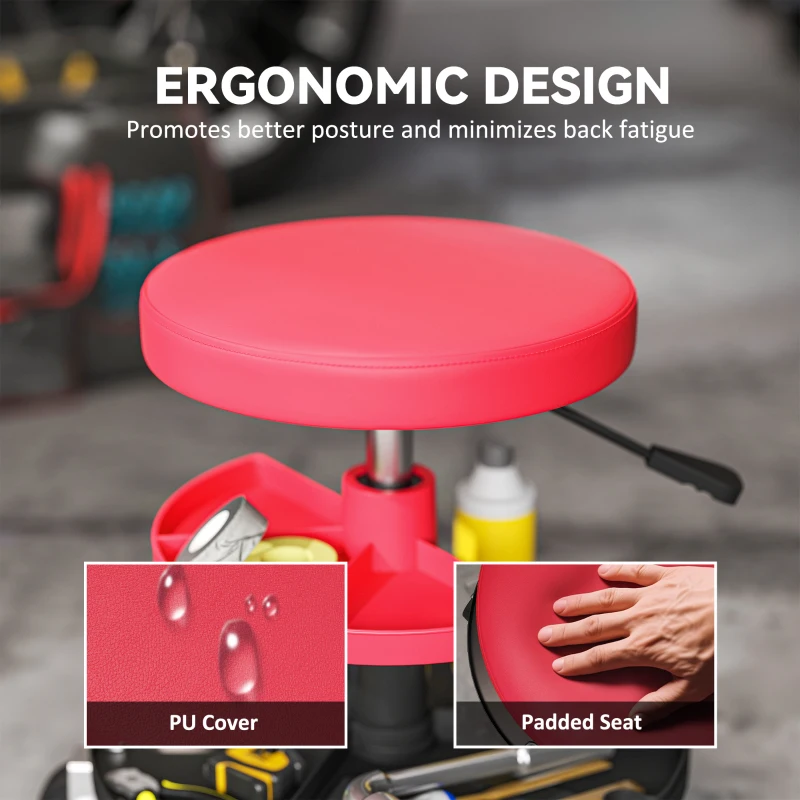 HOMCOM Rolling Garage Stool, 300 LBS Capacity Mechanic Stool with 2.5" Wheels, Tool Trays Storage, Adjustable Height, Red