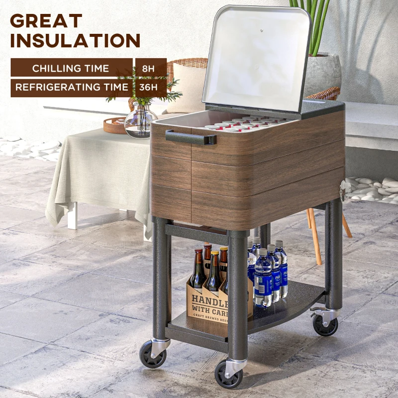 Outsunny Patio Cooler, 60qt Portable Outdoor Cooler with Locking Wheels, Storage Shelf, Bottle Opener for Patio Backyard, Brown