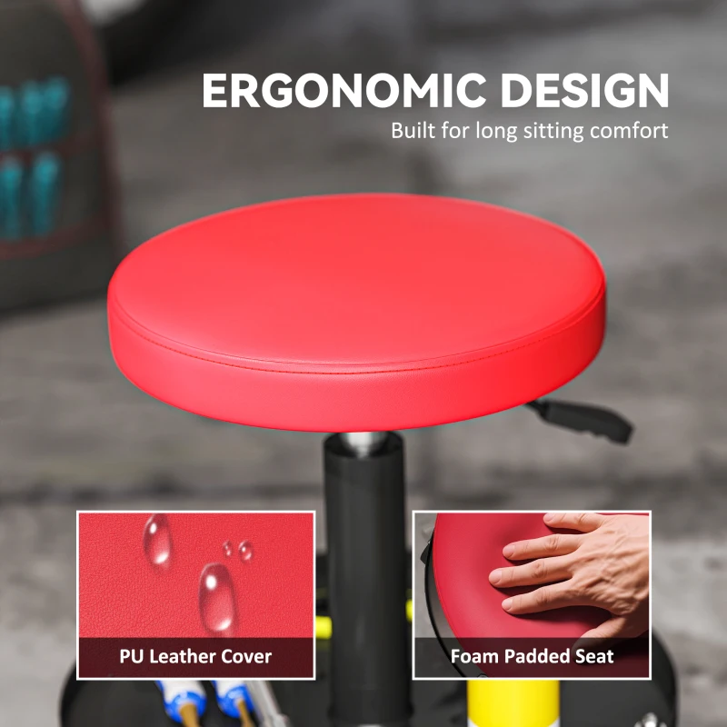 HOMCOM Rolling Garage Stool, 300 LBS Capacity Padded Mechanic Stool with 2.5" Wheels, Adjustable Height 15" -19.7", Red