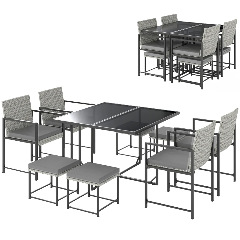 Outsunny 9 Pieces Wicker Patio Dining Set with 4 Armchairs, 4 Stools, Tempered Glass Top, Removable Cushions, Light Grey