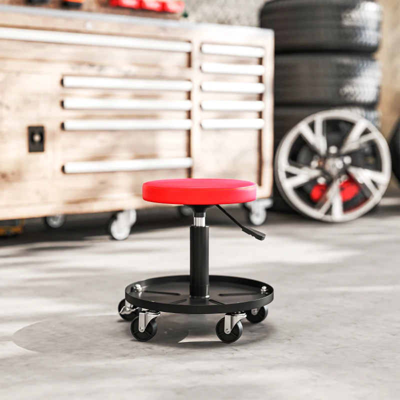 HOMCOM Rolling Garage Stool, 300 LBS Capacity Padded Mechanic Stool with 2.5" Wheels, Adjustable Height 15" -19.7", Red