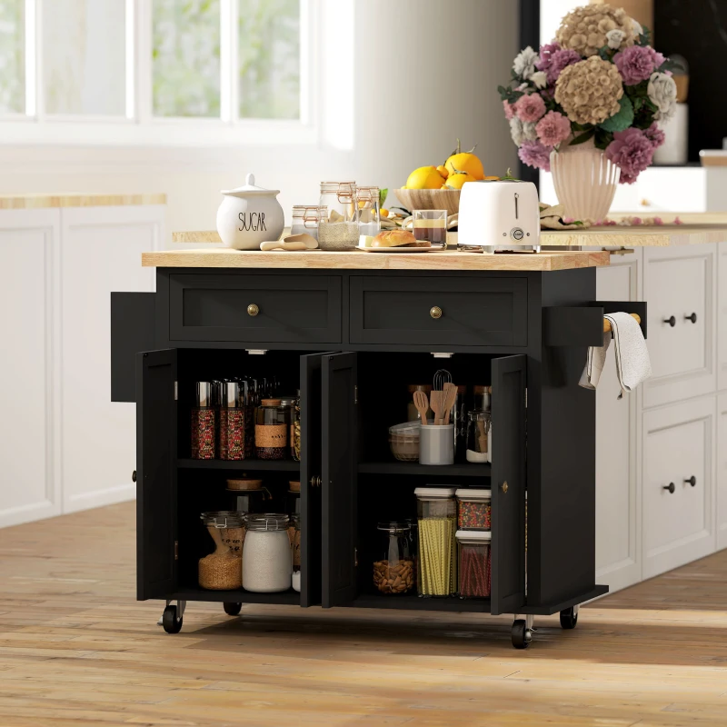 HOMCOM Kitchen Island Cart with Rubber Wood Top, Rolling Kitchen Island Table on Wheels with Drawers, Adjustable Shelves, Spice Rack and Towel Rack for Dining Room, Black