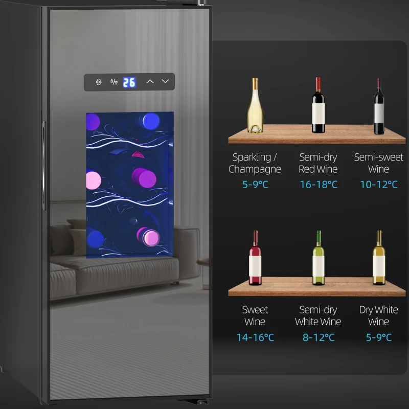 HOMCOM Wine Fridge, 12 Bottle, Under Counter Drinks Beer Wine Cooler with Glass Door, LED Light, Temperature Control