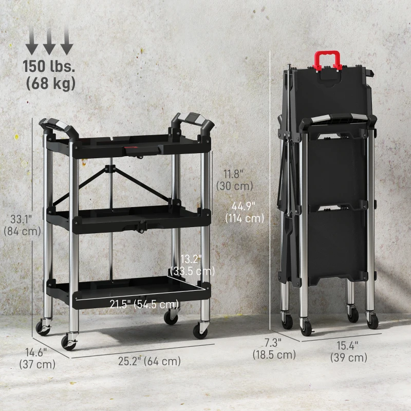 HOMCOM 3-Tier Collapsible Tool Cart with Wheels, 150 LBS Capacity Folding Utility Cart with Handles for Garage Workshop, Black