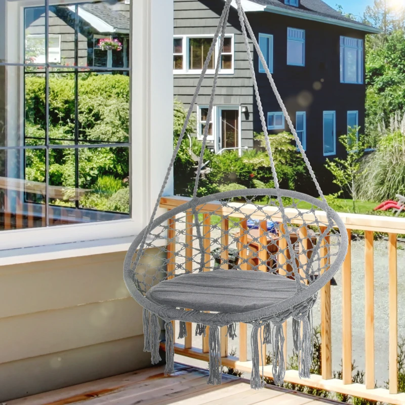 Outsunny Patio Hammock Chair, Hanging Rope Hammock Swing for Indoor & Outdoor Use with Backrest, Cotton-Polyester Blend, Fringe Tassels, Dark Grey