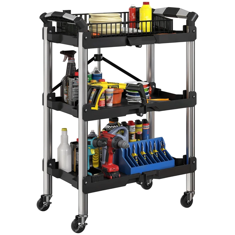 HOMCOM 3-Tier Collapsible Tool Cart with Wheels, 150 LBS Capacity Folding Utility Cart with Handles for Garage Workshop, Black