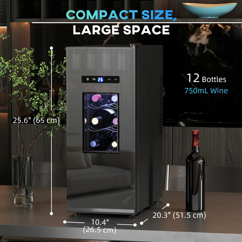HOMCOM Wine Fridge, 12 Bottle, Under Counter Drinks Beer Wine Cooler with Glass Door, LED Light, Temperature Control