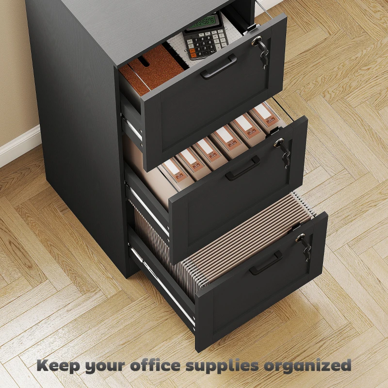 HOMCOM Vertical Filing Cabinet with 3 Drawers, Lock, File Cabinet for Home Office, A4 and Letter Size Files, Black