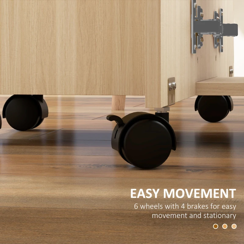 HOMCOM Drop Leaf Dining Table, Mobile Folding Table on Wheels with Drawers and Cabinet for Dining Room, Kitchen, Natural Wood