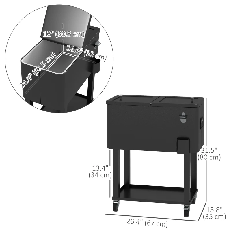 Outsunny 60 Quart Rolling Outdoor Cooler, Portable Rolling Patio Cooler Cart with Locking Wheels, Storage Shelf, Black