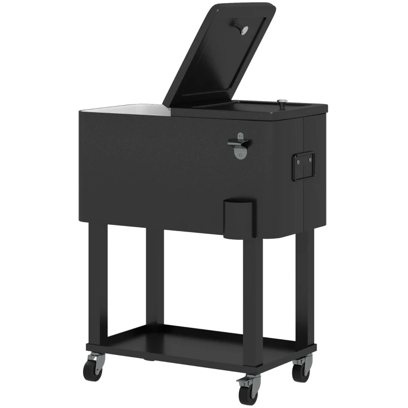 Outsunny 60 Quart Rolling Outdoor Cooler, Portable Rolling Patio Cooler Cart with Locking Wheels, Storage Shelf, Black