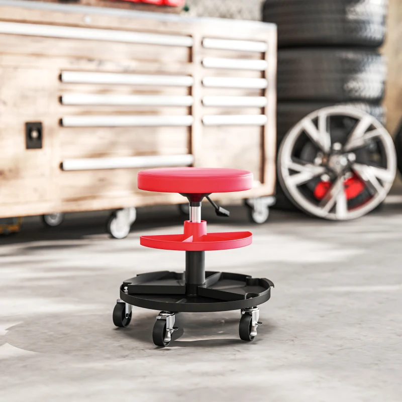 HOMCOM Rolling Garage Stool, 300 LBS Capacity Mechanic Stool with 2.5" Wheels, Tool Trays Storage, Adjustable Height, Red