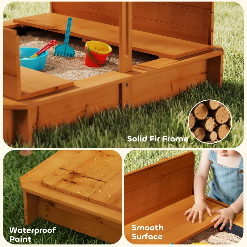 Outsunny Wooden Kids Sandbox with Cover, Children Outdoor Sand Box with Foldable Bench Seats and Adjustable Canopy, Brown